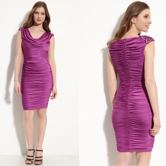 NWT TADASHI SHOJI SHOULDER BEADED RUCHED DRESS SZ M - Picture 8 of 11